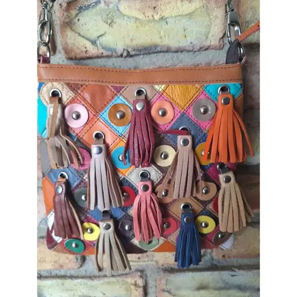 Leather Multicolored Fringe Crossbody 9"x9" NWOT - Picture 3 of 11